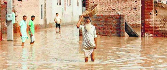 Residents wade through A flooded street at Jherianwali village in Mansa district on tuesday. A Tribune photograph