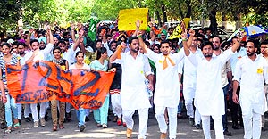 Members of the SOI and its allies hold a rally at Panjab University in Chandigarh on Wednesday