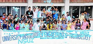 Supporters of the NSUI cheer their party leaders during a rally at the UIET on Wednesday