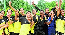 Members of the GMSSS-33 volleyball team in a jubilant mood after winning the inter-school volleyball championship (girls category) at Sector 26 in Chandigarh on Wednesday