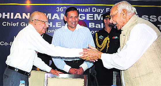 Om Prakash Munjal, chairman, Hero Cycles Limited, greets Balramji Dass Tandon, Governor of Chhattisgarh, in Ludhiana. 