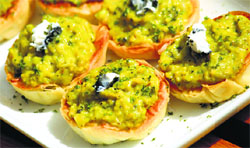Guacamole, Ash Coated Chevre in Phyllo Cups