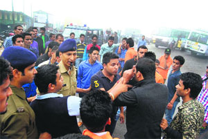 Students jostle with the police and each other during nominations at MPG College in Mussoorie on Wednesday