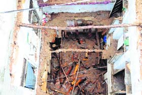 The collapsed building  in Gali Baniyan, Chowk Laxmansar, in the walled city area that claimed the life of a youth in Amritsar on Thursday