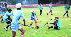 Players in action during the 13th ONGC SN Vohra Memorial Sub-Junior Hockey Tournament at the Sector 18 Hockey Stadium in Chandigarh on Thursday. Tribune Photo: Manoj Mahajan