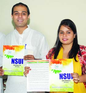NSUI national president Roji M. John and vice-president Amrita Dhawan release party manifesto for the DUSU elections during a press conference in New Delhi on Thursday