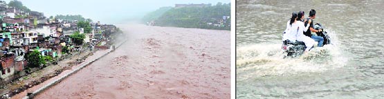 The Tawi in spate; and (right) a road in Jammu flooded due to heavy rain on Thursday. Tribune photos: Inderjeet Singh