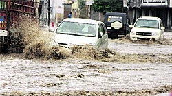 Vehicles half-submerged on a flooded road in Jalandhar on Thursday