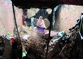 A view of the roof collapse at Fateh Singh Colony where owner of the house narrowly escaped the incident