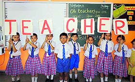 Students of DAV International School at Teachers Day celebrations in Amritsar on Friday. 