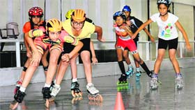 Girls participate in an inline race event during the ongoing Inter-School Skating Championship at the skating rink in Sector 10, Chandigarh, on Friday.
