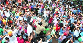 Following the announcement of results, activists of the NSUI and the PUSU raise slogans in front of each other at the Student Centre in Panjab University, Chandigarh, on Friday.