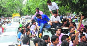 KCSU and INSO supporters during the victory procession at Guru Gobind Singh College in Sector 26.