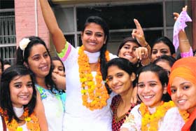 Anita Rai, elected president unapposed, celebrates with her supporters at the GGSCW in Sector 26. 