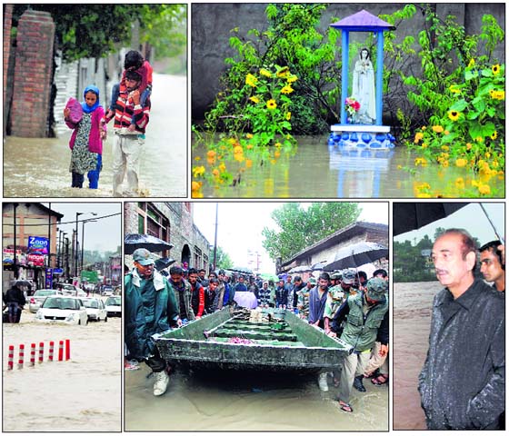 Rain fury: (Clockwise from top) A family leaves for a safer place at Bemina in Budgam district; a statue of Virgin Mary surrounded by flood waters in Srinagar; Congress leader Ghulam Nabi Azad on a visit to a flood-hit area in Jammu; Army and the police carry a boat for rescue operation in the Bemina area; and vehicles pass through a waterlogged road in Srinagar on Friday.