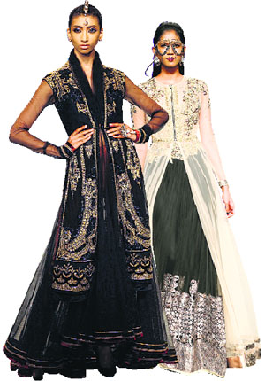 A Tarun Tahiliani creation in black (left); Shane and Falguni Peacock created ornate ensembles in black for the bride