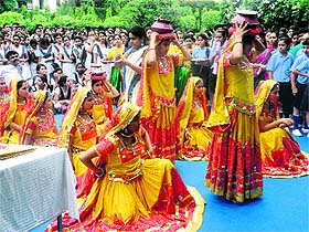 Students perform at a Teachers Day function at Saigrace Academy in Dehradun on Friday. 