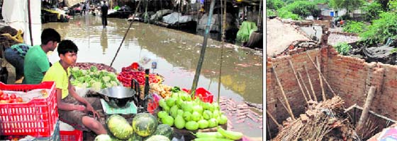 A view of the waterlogged vegetable markets located behind Government Rajindra College; and (right) a collapsed roof in Dhobiana Basti in Bathinda on Saturday. The quantum of rainfall has led to accumulation of water creating problem for the residents