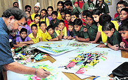 Prof Ravinder Sharma conducts a workshop on collage making at Tribune Model School in Chandigarh on Saturday
