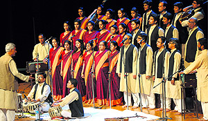 Artistes from Delhi perform Gandharva Choir, conducted by Madhup Mudgal, at Tagore Theatre in Chandigarh on Saturday