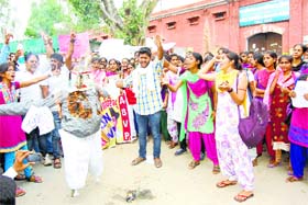 Students of Government National Postgraduate College protest in Sirsa on Saturday