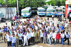 Haryana Roadways staff protest in Karnal on Saturday