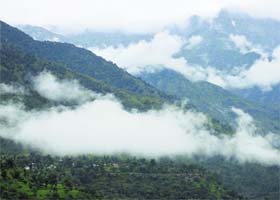 A view of the Dhauladhar hills in Palampur after heavy rain on Saturday