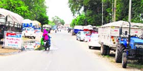 Sand-laden vehicles outside the Sidhwan Bet police station near Jagraon.