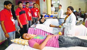 A blood camp under way at SCD Government College in Ludhiana.
