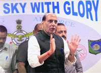 Home Minister Rajnath Singh addresses a press conference in Jammu on Saturday. Tribune Photo: Inderjeet Singh