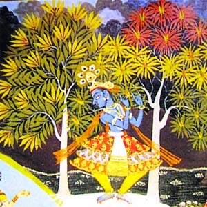 Krishna playing upon his flute. Painting from a Mewar workshop; first quarter of the 18th century