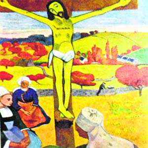 The Yellow Christ. A painting by Paul Gauguin, 1886. The painting was once described as A rich, disturbing blend of barbaric splendour, Catholic liturgy, Hindu reverie, Gothic imagery, obscure and subtle symbolism.