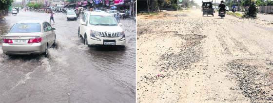 Commuters find it difficult to navigate on Lawrence Road inundated with rain water; and (right) potholes have appeared on a road near Bhandari Bridge due to recent rains in Amritsar.