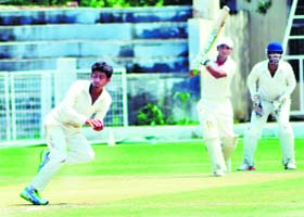 Players in action during a match of the Fourth All-India (U-19) Invitation Cricket Tournament for the Dhruv Pandove Trophy in Patiala on Sunday