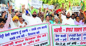 MLA Jagmohan Singh Kang and residents stage a protest at Naya Gaon village in Mohali on Sunday
