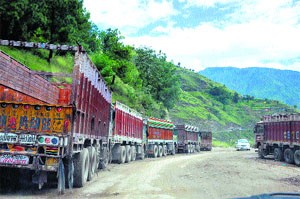 Trucks in a long queue on the Rohru-Hatkoti highway on Sunday.
