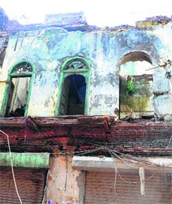A rickety structure spotted near the Golden Temple area, which is on the verge of collapse anytime in Amritsar.