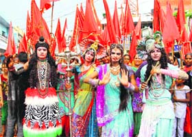 Members of the Ganpati Manch and the Sangharsh Commitee, Bathinda, participate in the procession taken out to immerse the idols of Lord Ganesha on Monday