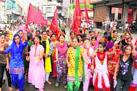 DEVOTION IN FLOW: Members of Ganpati Manch and Sangharsh Committee participate in a Ganpati immersion procession in Bathinda on Monday