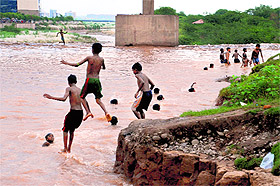 Unmindful of the danger, youths and children enter the flooded Ghaggar in Panchkula on Monday.