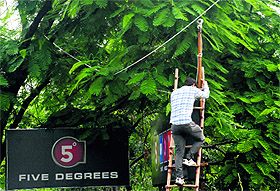 A man installs a CCTV camera at one of the entries to Five Degrees at Sector 5, Panchkula, on Monday. 