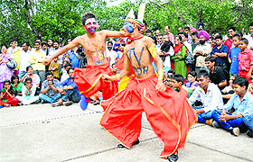 Students perform a street play, Gyan hai toh jahan hai, at the Sector 17 Plaza in Chandigarh on Monday.