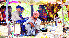 A shelterless nomad family takes refuge in a makeshift tent on the banks of the Tawi river;