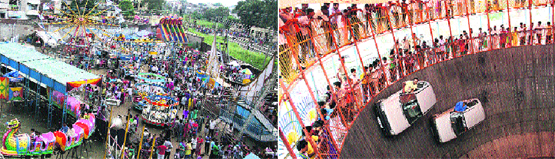 A large number of people enjoy swings during Sodal Mela; stuntmen show their skills at Maut ka Kuan during the mela in Jalandhar on Monday. 
