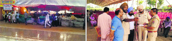 A waterlogged road; and (right) police officials at the venue.