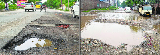 A potholed road at Rishi Nagar in Ludhiana; and (right) a waterlogged road in Focal Point. Similar is the condition of almost all other roads in the industrial city.