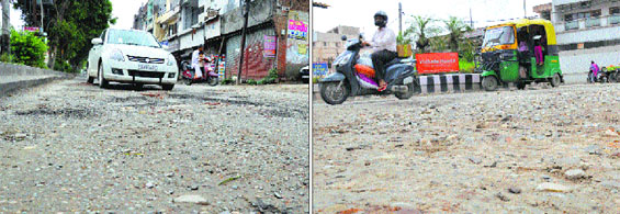 The DMCH Road (left) and a road near Haibowal Chowk in Ludhiana are commuters’ nightmare.