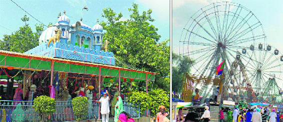Devotees pay obeisance at the temple; and residents enjoy fun rides at the fair in Mandi Ahmedgarh on Monday.