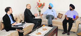 GNDU Vice-Chancellor, Prof Ajaib Singh Brar, (second from right) in a meeting with French Ambassador to India Francois Richier (second from left) in Amritsar on Tuesday.