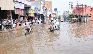 A waterlogged road at Sirki Bazar in Bathinda on Tuesday.